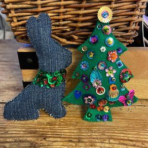 Denim Bunny and Felt Sequin Christmas Tree Ornaments
